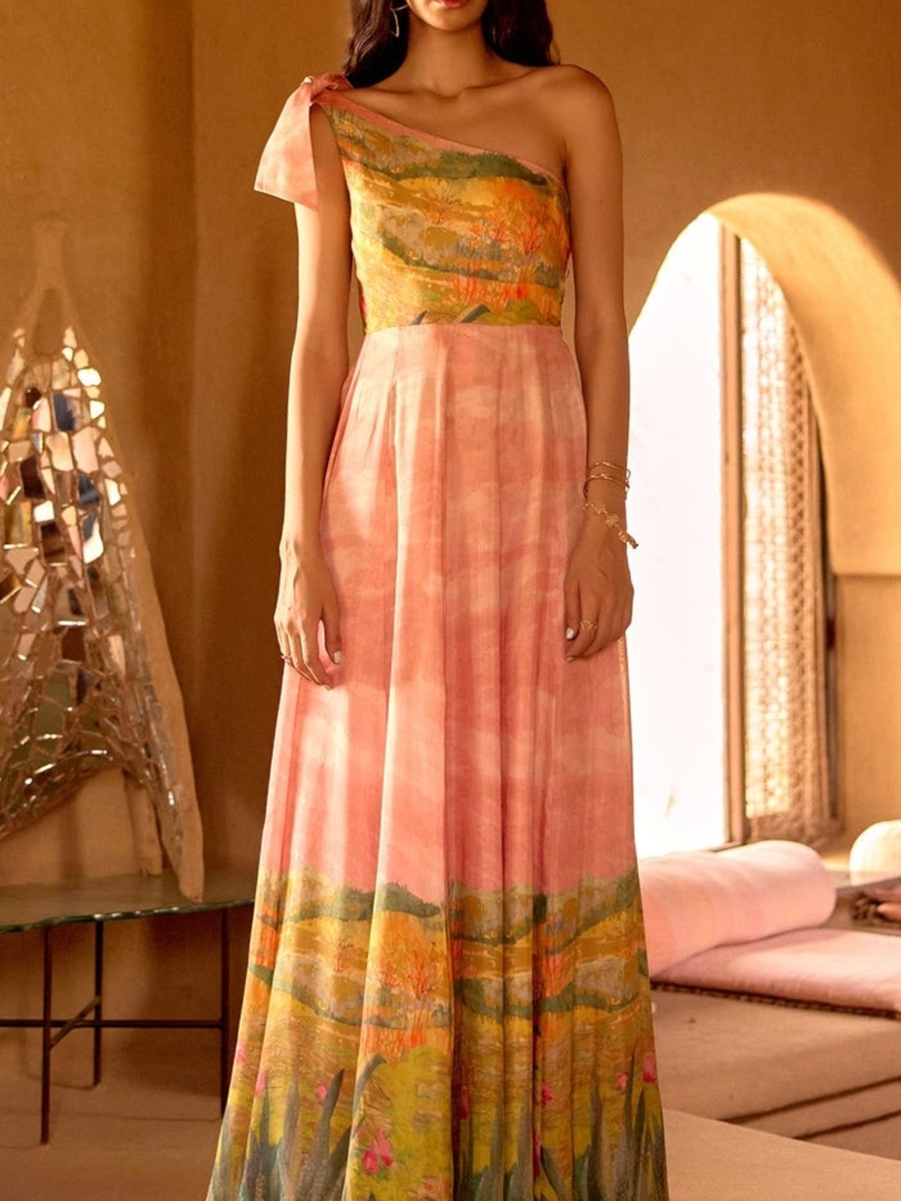 Women’s One-Shoulder Pink & Green Maxi Dress with Landscape Print